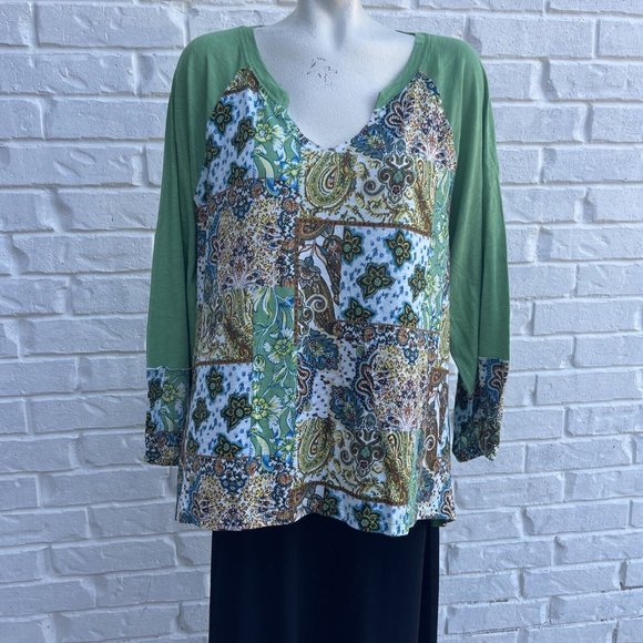Womens‎ Cato Brand Size XL Tunic Boho Multicolor Green 3/4 Sleeve High Low Hem - Picture 1 of 8